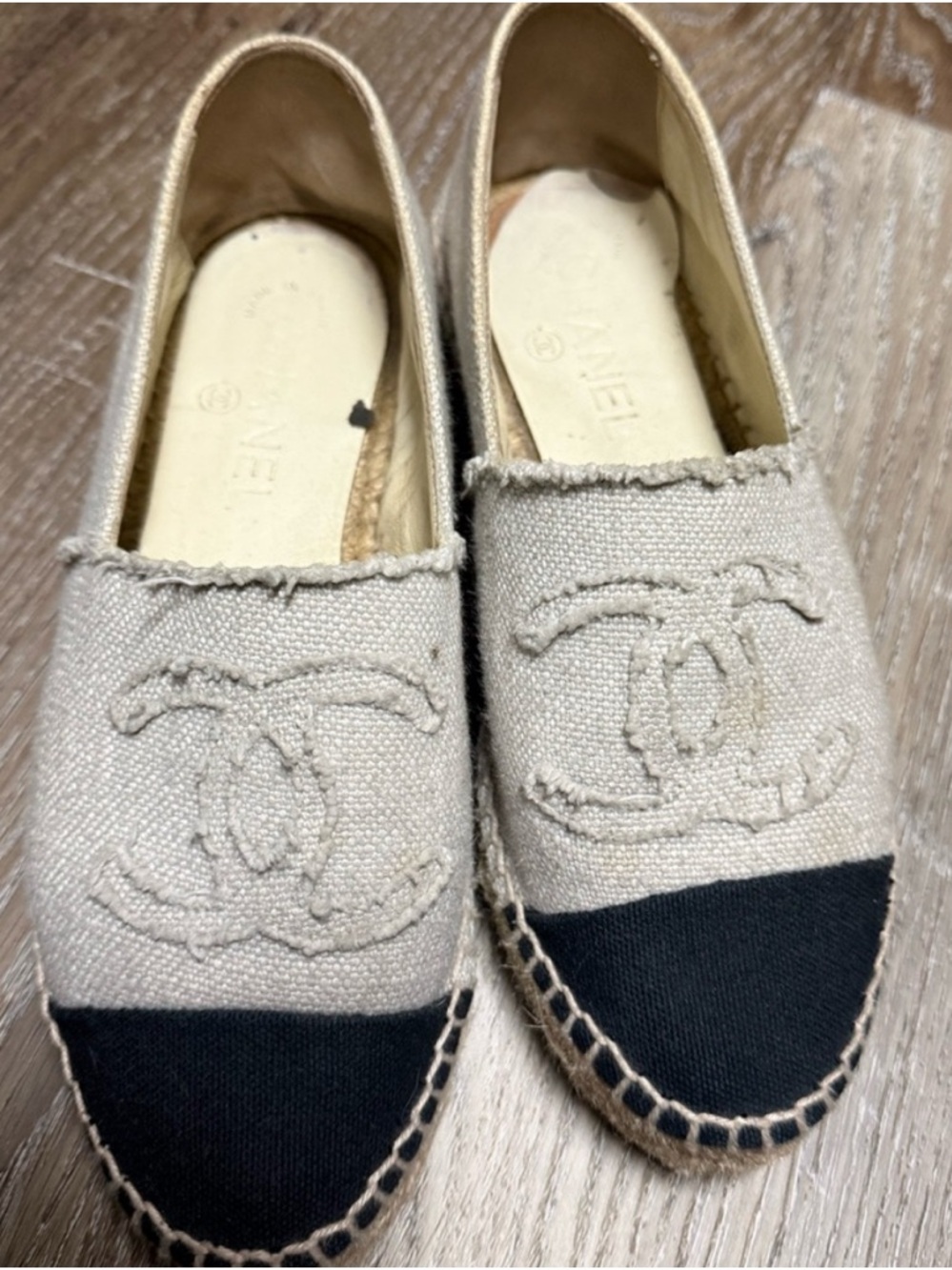 CHANEL Beige Canvas Espadrilles with Black Toe Cap